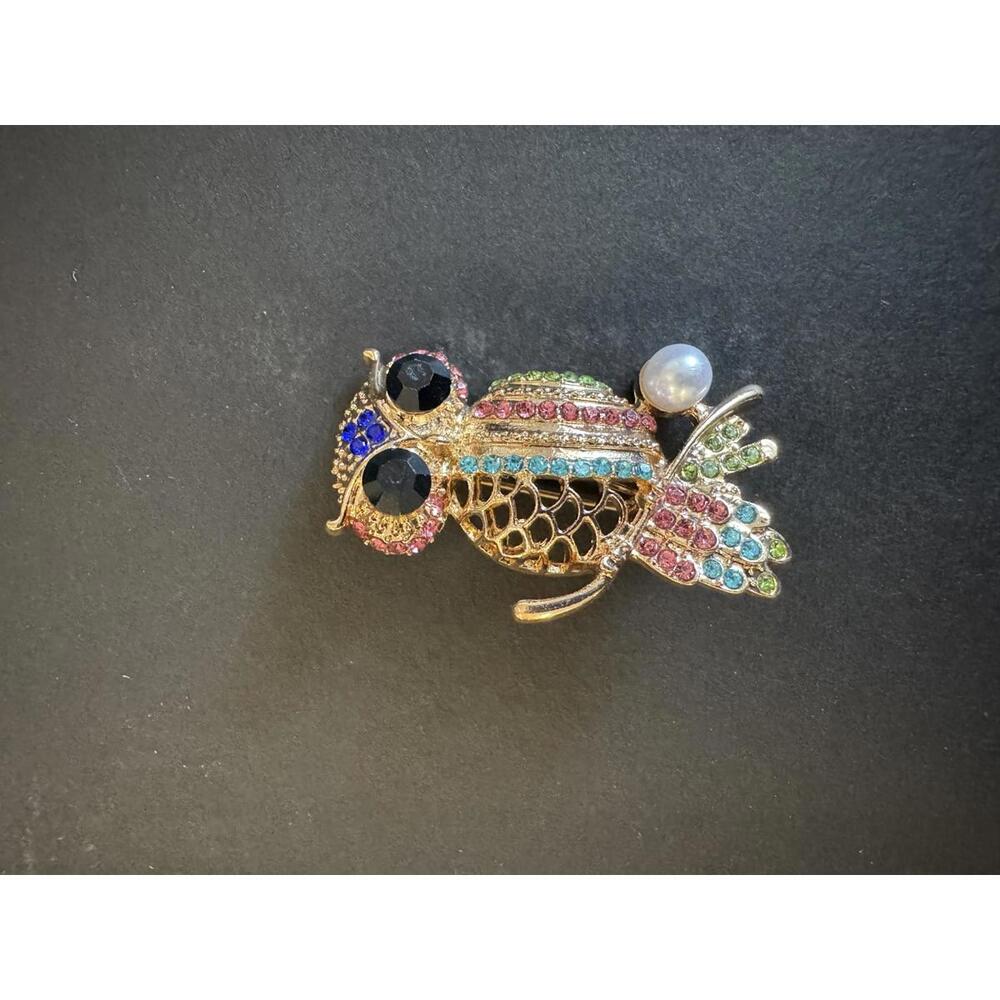Colorful Owl Brooch with Pearl Accent